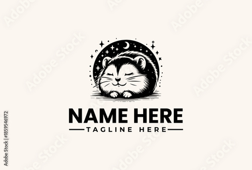 A black and white illustration of a sleeping cat surrounded by a circle with stars on a beige background, with space for a logo and tagline.