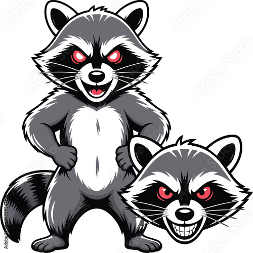 Two cartoon raccoons with red eyes and evil expressions