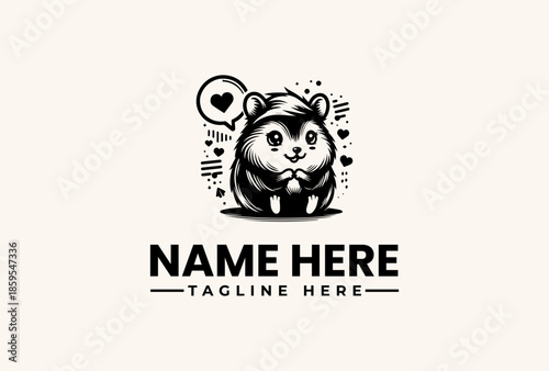 A cute cartoon hamster with a speech bubble and heart icons, surrounded by decorative elements on a beige background, with placeholder text for a logo or brand name.