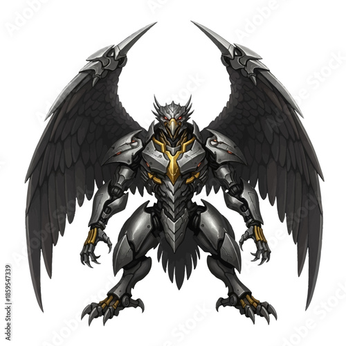 Mechanical Griffin Creature with Large Black Wings and Armor.