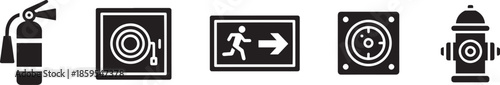 Safety Equipment Icon Set: Fire Extinguisher, Fire Hose, Exit Sign, Sprinkler Head and Fire Hydrant. A comprehensive set of essential symbols, ideal for safety and emergency preparedness.