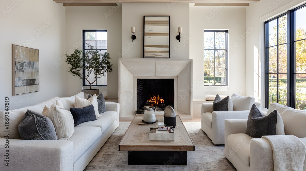 Fototapeta premium Clean modern living room wide view fireplace neutral palette