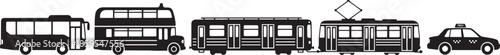 A fleet of diverse vehicles in monochrome illustration showcase various modes of public transit and transportation. From bus to taxi, each vehicle stands out.