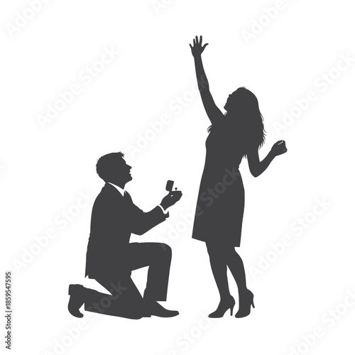 Illustration of man proposing to woman with ring in hand on one knee, valentine love silhouette vector