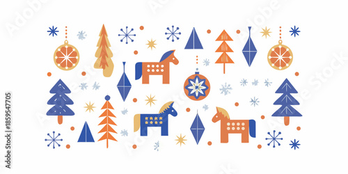 Festive winter scene with stylized trees horses and ornaments