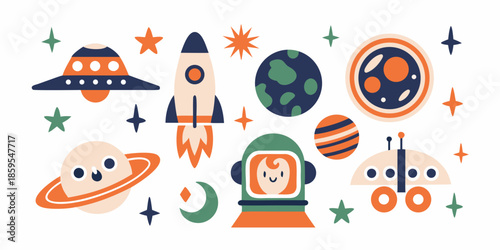 Colorful space illustration featuring rockets planets astronauts and celestial objects