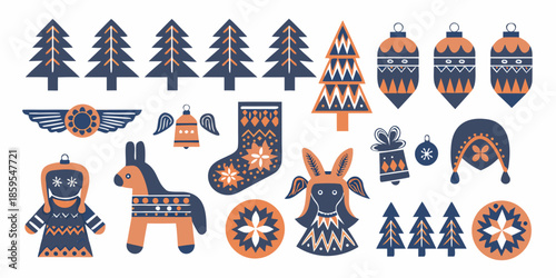 Festive christmas ornaments trees animals and winter holiday decorations pattern