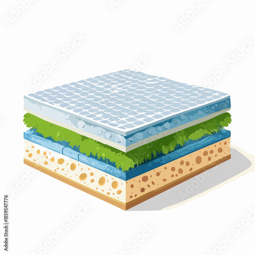 Cross section illustration of a layered mattress showing memory foam blue gel and quilted fabric materials for comfort and support isolated on white background