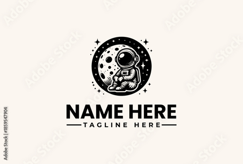 Black and white illustration of an astronaut in a spacesuit standing on the moon with stars, surrounded by a circle and text placeholder for a logo or icon, against a clean white background.