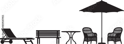 A perfect outdoor leisure setting, features a comfortable deck chair, elegant bench, round table, and inviting umbrella.