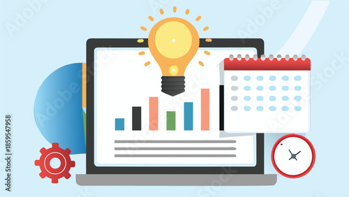 Digital productivity scene with monitor showing graph and calendar icons on light blue background with gear clock and lightbulb