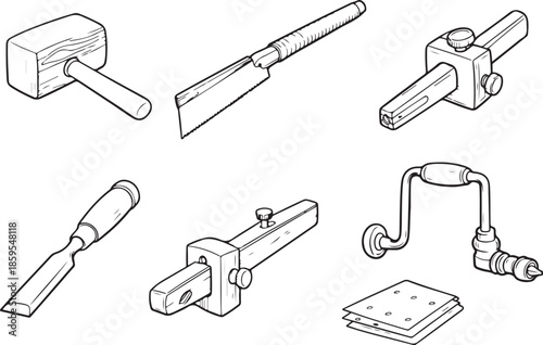 Traditional Woodworking Joinery Tools Line Art Set eps