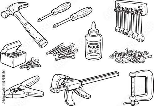 Woodworking Clamps and Holding Tools Line Art Set eps