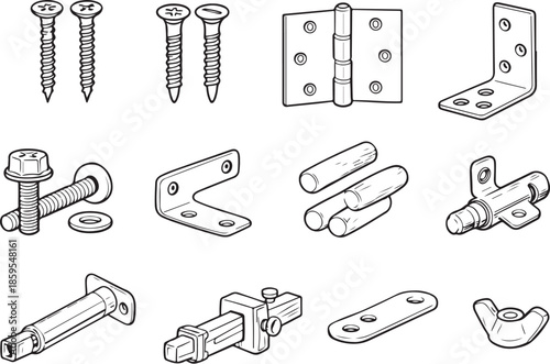 Woodworking Fasteners and Joinery Hardware Line Art Set eps