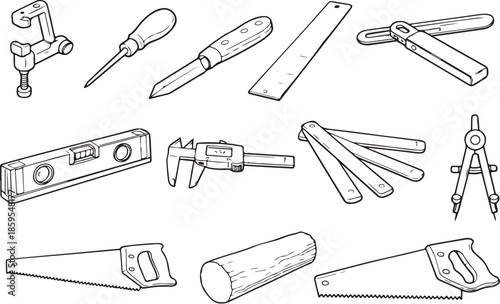 Woodworking Measuring and Marking Tools Line Art Set eps