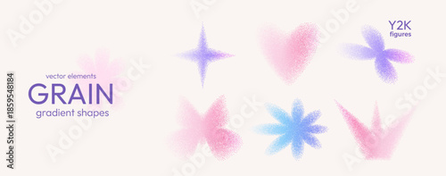 Pastel colors geometric grain gradient shapes with noise. Y2k retro stippling crown, twinkle forms set. Butterfly, flower, heart and star icons on beige background. Vector pink, blue illustration.