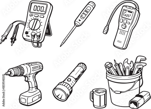 Furnace Service Tools Line Art Set vector eps