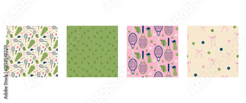 Tennis seamless pattern collection with bow, rackets and balls. Sport-themed repeating print for wrapping paper, backgrounds, or textile design. Pink and green lawn grass vector coquette aop bg.