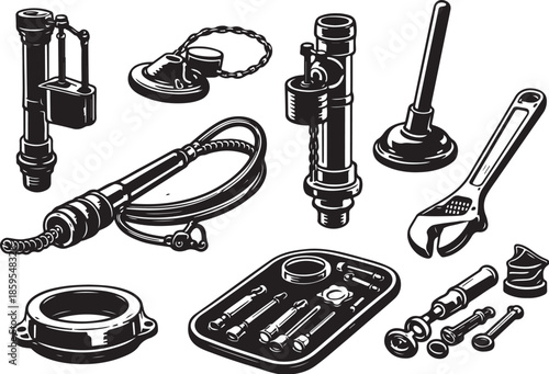 High Contrast Toilet Repair Tools Line Art Bundle eps