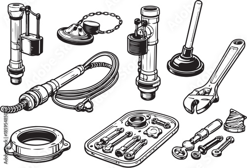 Toilet Repair Tools Line Art Bundle eps