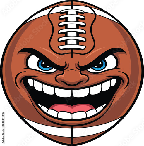 Cartoon football with angry face and evil grin
