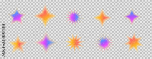 Starburst neon graphic featuring gradient spray effects. Dotted iridescent grainy noise twinkles. Stipple spark shimmering elements. Vector dotworks grit shapes illustration on transparent background.