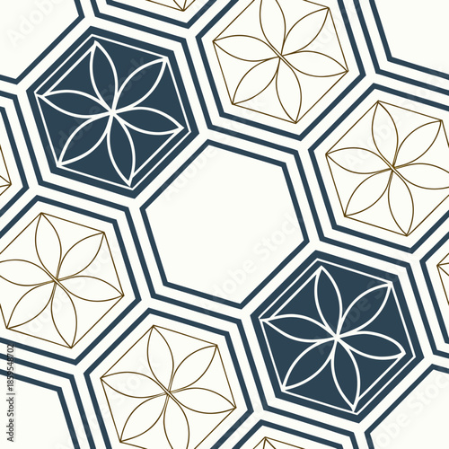 Seamless Geometric Hexagon Pattern with Abstract Flower Motifs, Modern Japanese Style Vector Ornament for Luxury Branding, Textile Design, Minimalist Wallpaper, and Elegant Decor