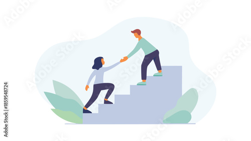 Two people climbing stairs with one helping the other up in a stylized editorial illustration