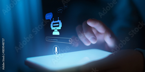 Canvas Print AI Chatbot and Voice Assistant Interaction Displayed on Digital Tablet