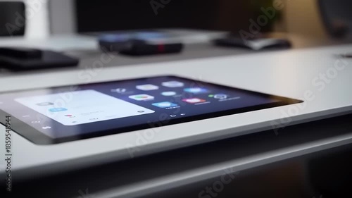 Modern Tablet Device Displaying Apps on a White Desk in a Home Office Setting.