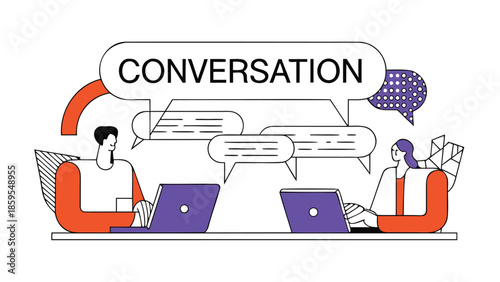 Two business professionals engaged in conversation while working on laptops in an office setting with speech bubbles