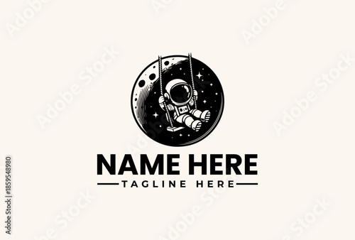 Black and white illustration of an astronaut in a space helmet on a moon with craters and stars, set against a clean white background, featuring a logo template with placeholder text.
