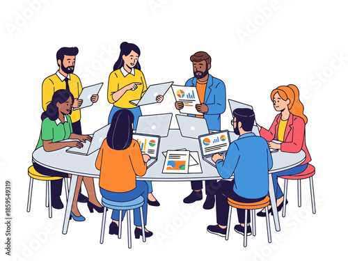 Diverse Team Collaborating Around Oval Table in Meeting Room