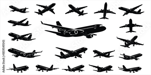 Collection of black airplane silhouettes in various flight positions and angles Keywords: airplane, aircraft, jet, aviation