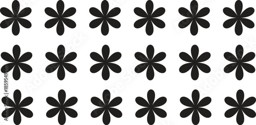 A grid of 18 identical black flower like shapes on a white background