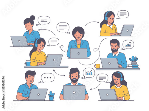 Diverse team collaborating remotely online on laptops with communication bubbles