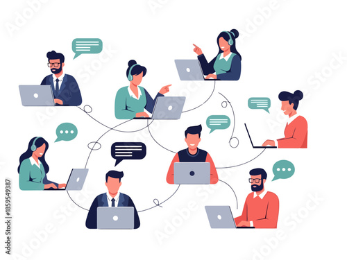 Diverse professionals collaborating remotely with digital connection lines and speech bubbles representing global teamwork and online communication