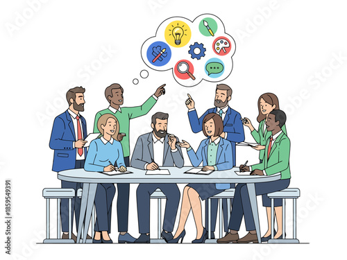 Diverse team collaborating on new ideas around a table with thought bubbles showing innovation symbols
