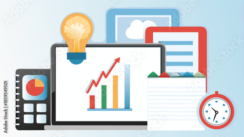 High quality conceptual office illustration with modern devices, graphs, and clock, symbolizing business productivity and efficiency