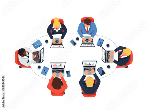 Diverse Team Collaborating Around Oval Table with Laptops for Business Meeting