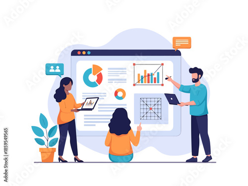 Team Collaborating on Digital Analytics and Project Planning with Charts and Graphs