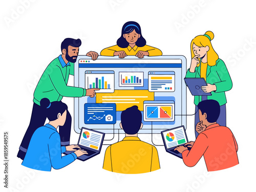 Team Collaborating on Digital Data Analysis and Strategy Development