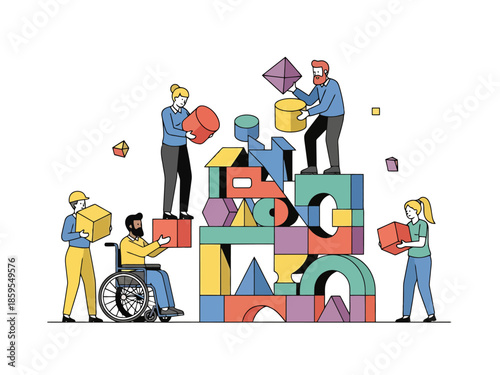 Diverse group collaboratively stacking building blocks to construct abstract structure