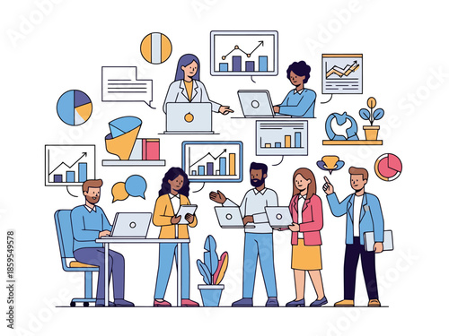 Diverse Team Collaborating on Digital Strategy and Data Analysis with Laptops and Charts