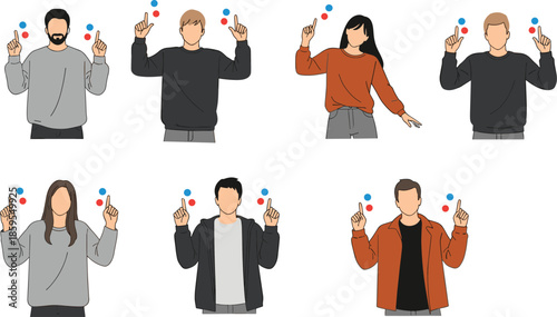 Set of people using hand gestures for virtual reality interface and augmented reality technology concept in flat vector illustration style