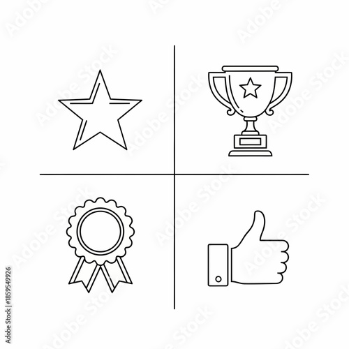 Collection of four icons representing achievement and success star, trophy, medal, and thumbs up