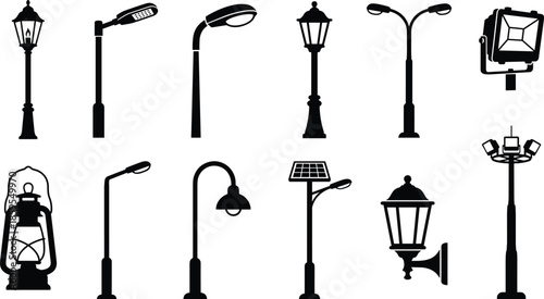 Collection Of Street Light And Lantern Silhouettes On White Background lamp lighting