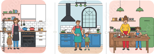 Family cooking and meal preparation at home featuring parents and children in modern kitchens for healthy lifestyle and bonding concept