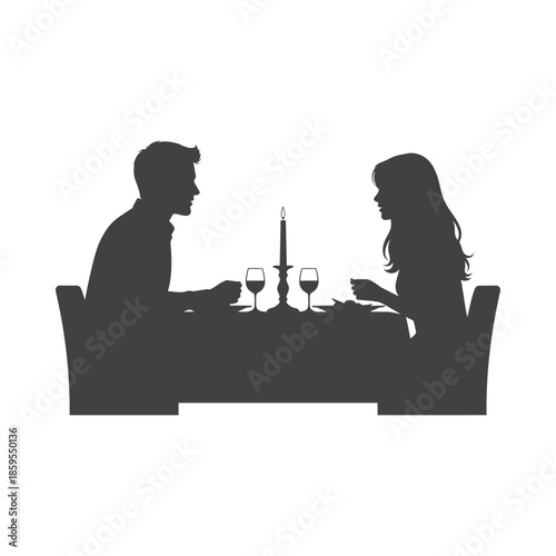 Illustration of silhouette of a romantic couple dining together at a table with wine, valentine love silhouette vector