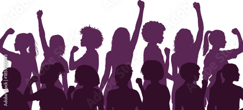 A group of women in silhouette isolated on transparent background celebrating and cheering with raised fists